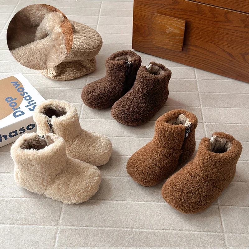 

Children's Snow Boots 2025 Winter Composite Wool Warm Lambswool Plush Baby Girls Boots Fashion Fluffy Kids Flat Casual Shoes