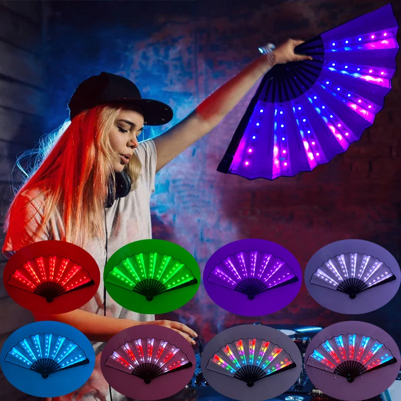 Chinese Japanese luminous Handheld Fan colorful led light up hand fan nightclub glowing props for Rave festival wedding party