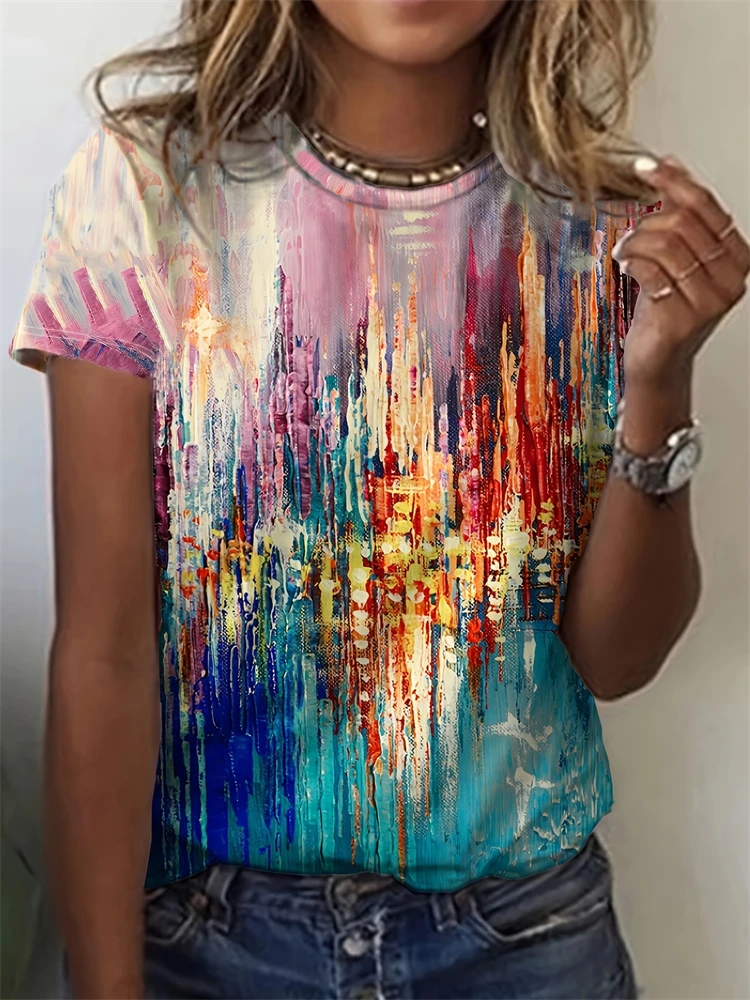 

Женская повседневная летняя футболка с волнистым узором и принтом, модная футболка с круглым вырезом и коротким рукавом, женская футболка свободного покроя с коротким рукавом