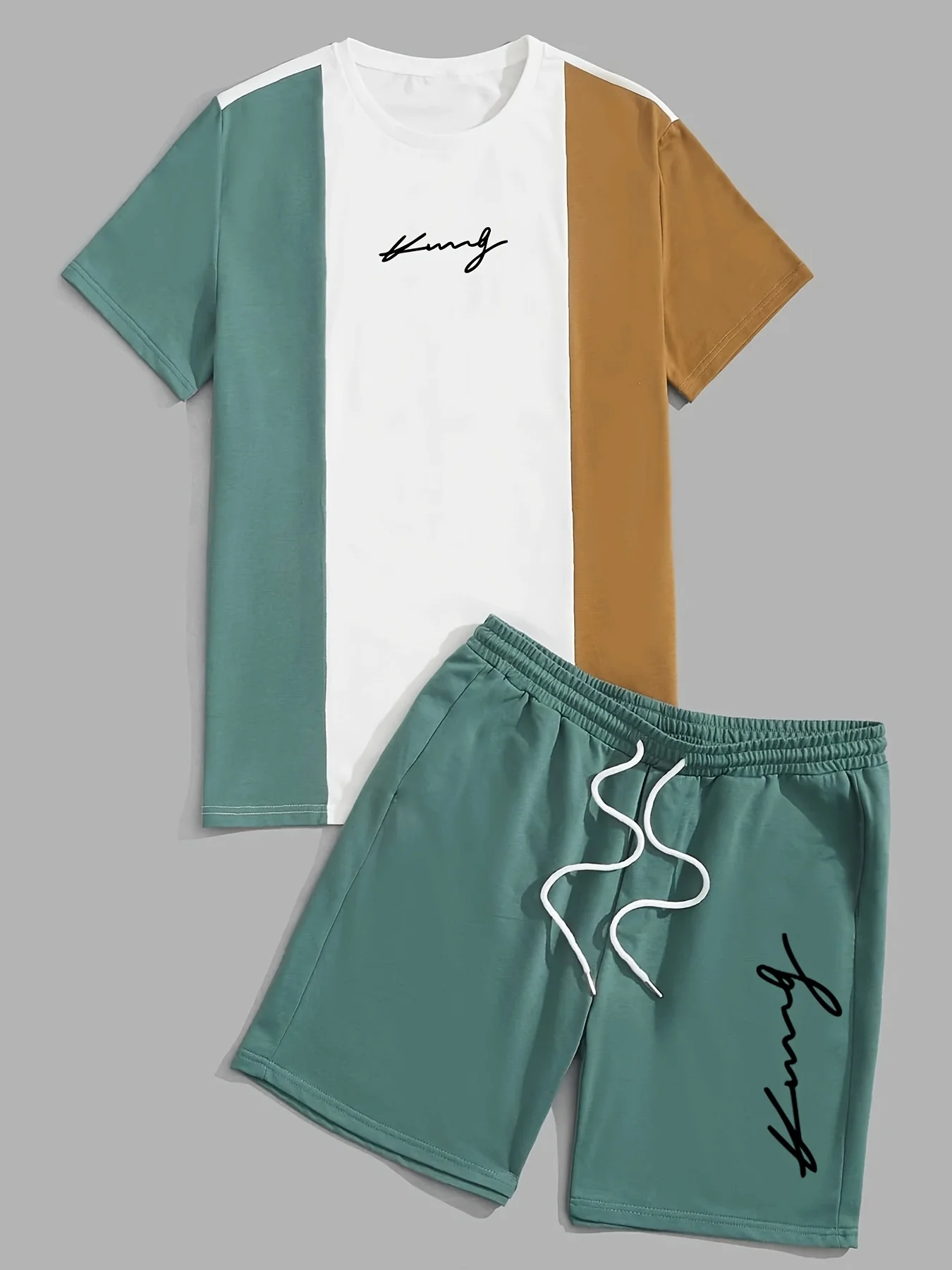 

Men's Casual Summer Outfit Set - Striped Short Sleeve T-Shirt & Drawstring Shorts, Polyester Blend, Machine Washable