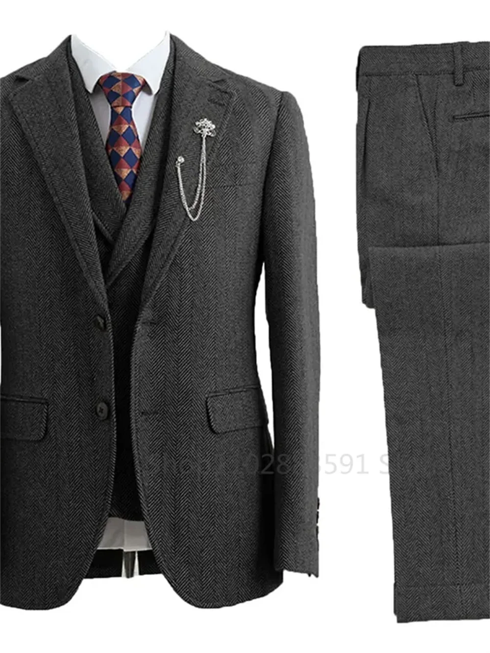 3 Piece Men Suit Tweed Herringbone Double-Breasted Wedding Tuxedos Size Men Clothing Casual Style Men\'s Fashion Costume Homme