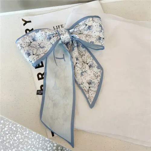 Imagen 2 del producto Bufanda de seda pastoral de temporada de flores románticas, bolso atado, serpentina versátil, bufanda larga, diadema pequeña y fresca con lazo floral para el pelo