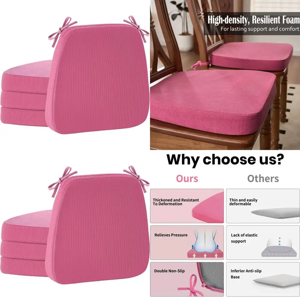 

Set of 4 Rose Red 17x16 Gel-Infused, 2 Thick, Non-Slip, Removable & Washable Seat Cushions for Dining, Kitchen, Office Chairs