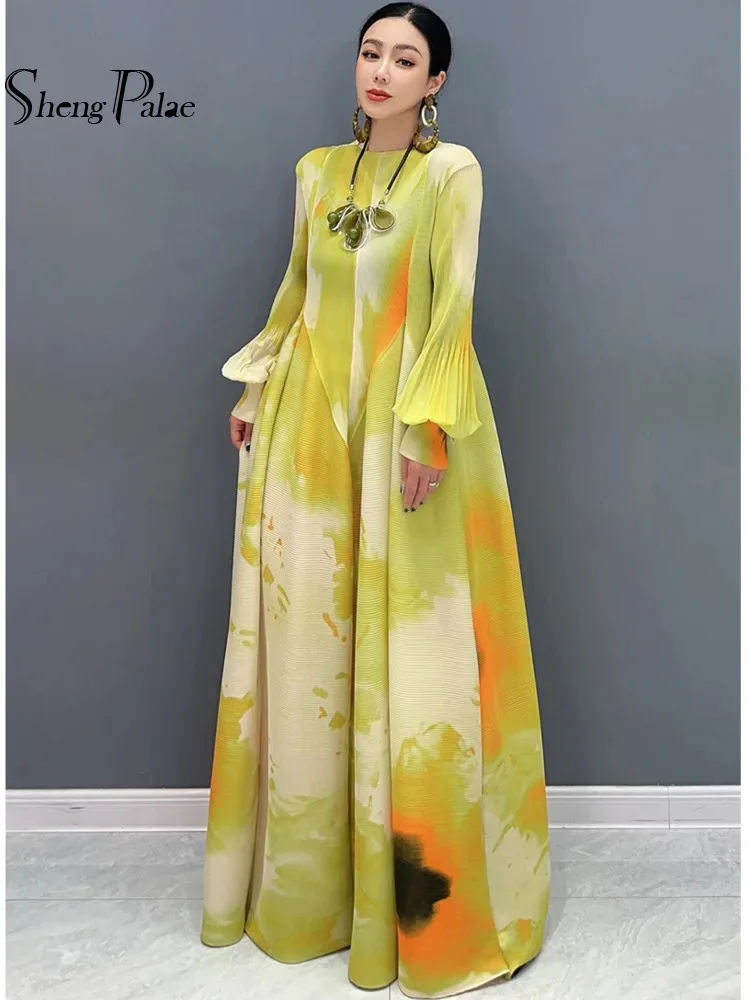 SHENGPALAE Pleated Summer New Chiffon Dress With Printed Splicing Folded Bubble Sleeves Large Swing Elegant Dresses 5R9756