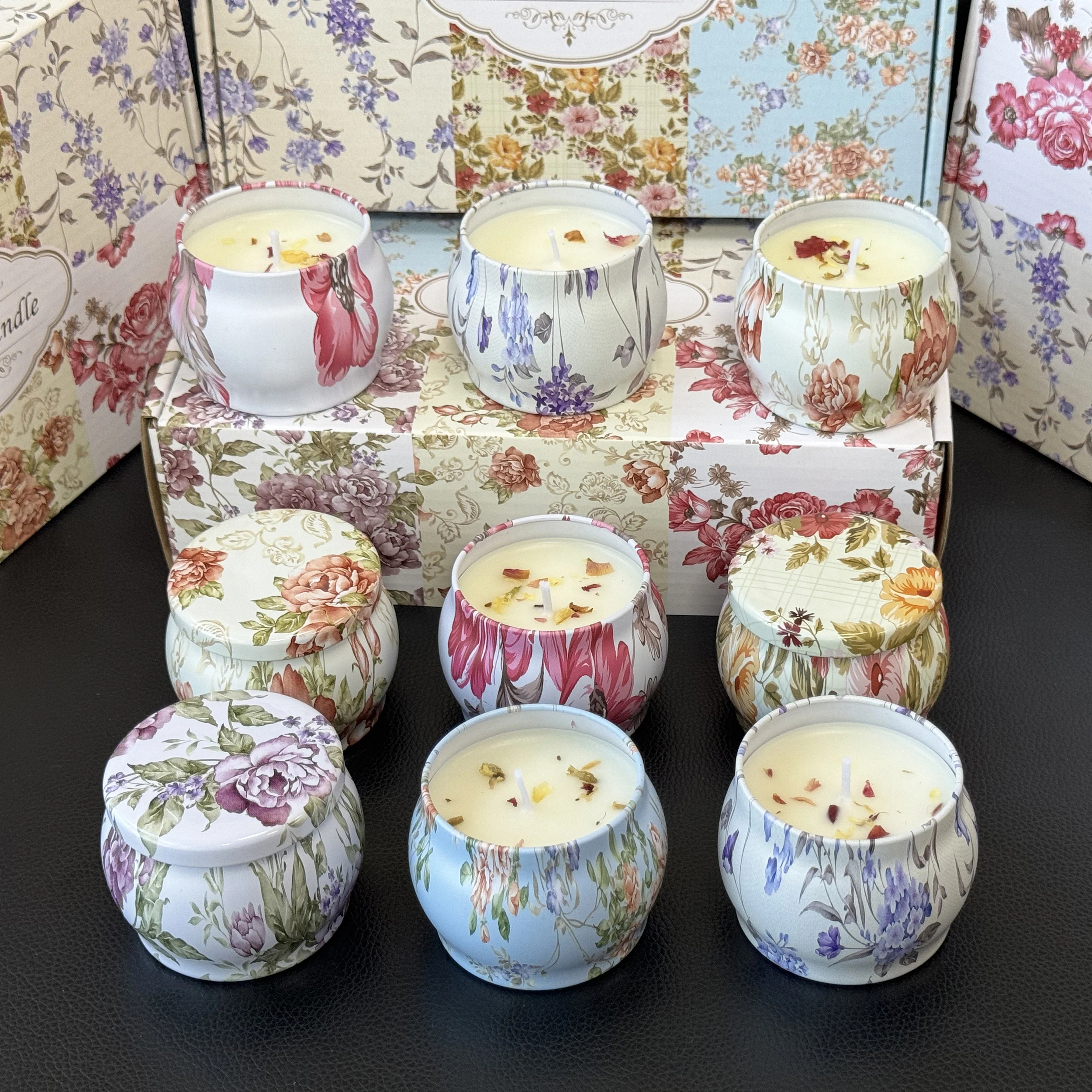 1 Box of 6 Tin Can Candle Set Soy Wax Essential Oil Dried Floral Scented Candle Gift Set Wedding Birthday Gift Home Decoration