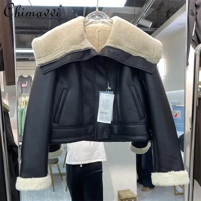 2024 New Winter Korean Version of Temperament Lamb Wool Locomotive Suit Large Lapel Short Fur Integrated For Women