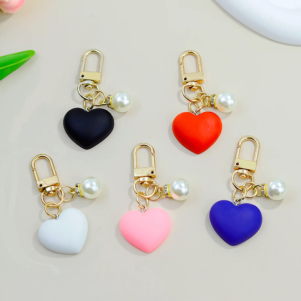 Cute Acrylic Heart Keychain Faux Pearl Pendant Key Ring Women Purse Bag Backpack Charm Earbud Case Cover Accessories