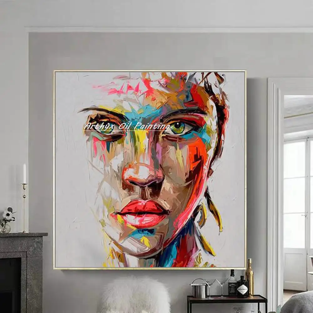 Arthyx Handpainted Palette Knife Face Figure Oil Paintings On Canvas,Modern Abstract Wall Art,Picture For Living Room,Home Decor