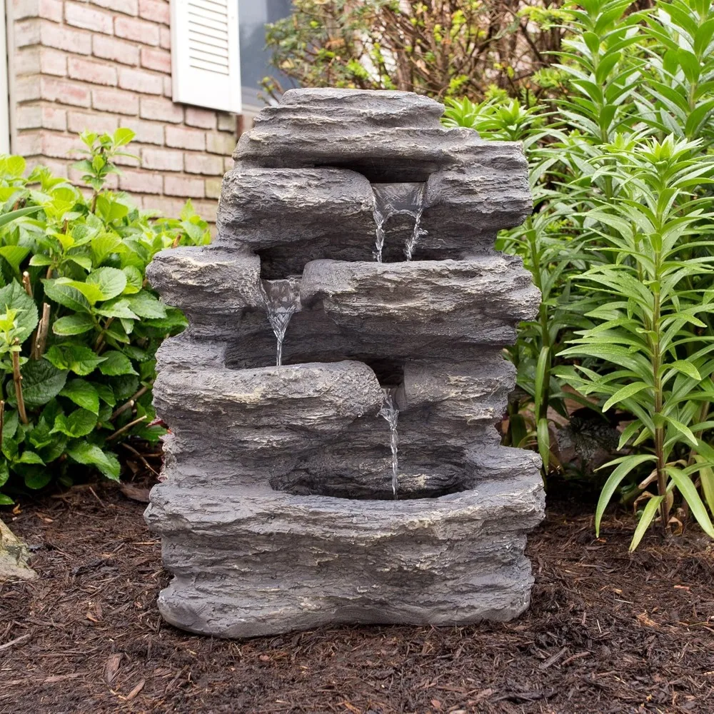 US Shipping 3-Tier Outdoor Water Fountain with Cascading Faux Rock Waterfall for Patio Porch Deck Gray Stone