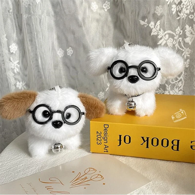 1PCS 9 ซม.น่ารักแว่นตาสุนัขตุ๊กตาพวงกุญแจจี้ Creative Bell ลูกสุนัขตุ๊กตาคู่กระเป๋าเป้สะพายหลังแขวนตกแต่ง