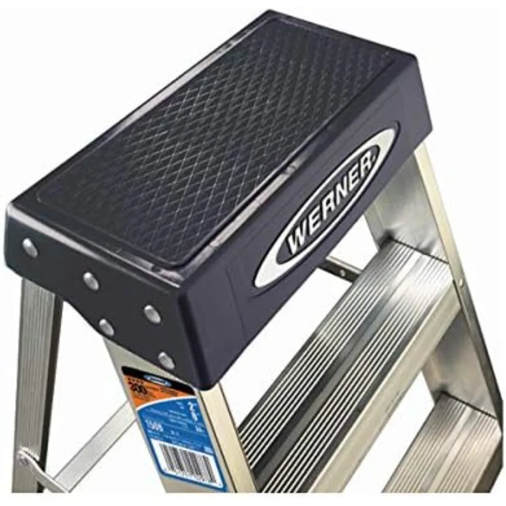 Taburete plegable de aluminio de dos escalones, resistente y portátil, ideal para uso doméstico y en taller, seguridad y comodidad en alcanzar la altura