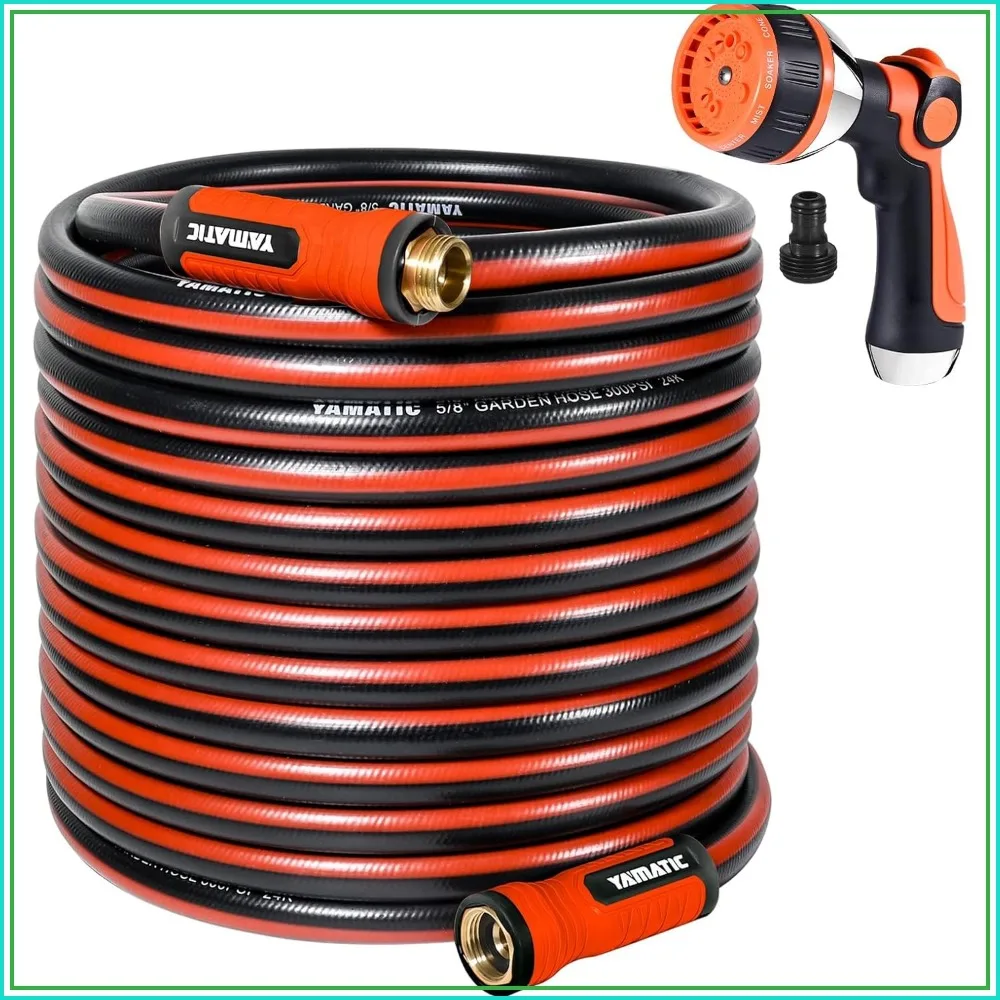

100ft x 5/8in Water Hose with 10-Function Nozzle, Kinkless & Leakproof, Solid Brass Connections
