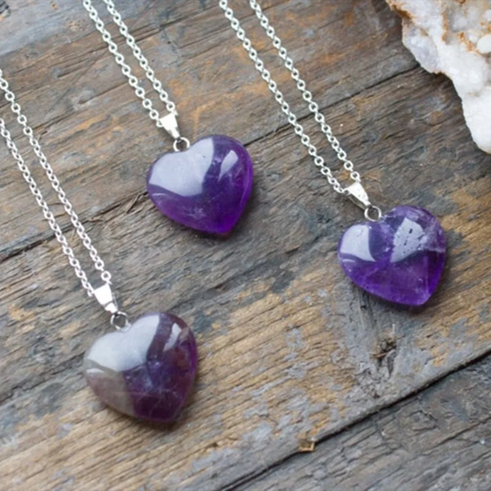 Sweet Temperament Pink Stereo Heart-shaped Natural Quartz Crystal Pendant Necklace for Women Collar Chain Jewelry Accessories