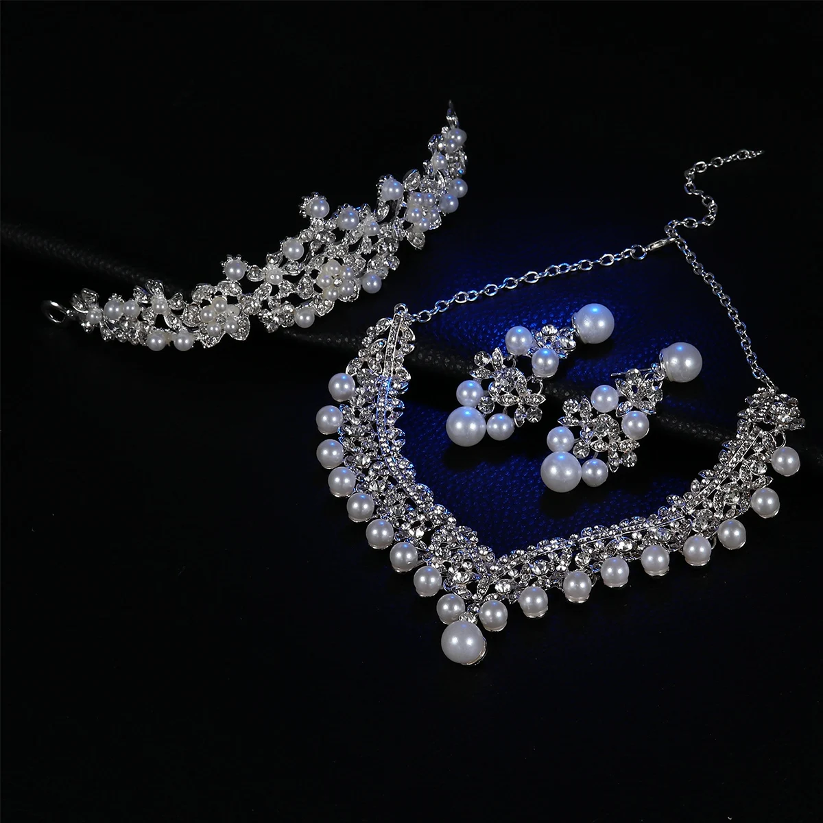 

Wedding Pearl Tiara Crown Bridal Flower Rhinestone Crystal Necklace Earrings Jewelry Set Stunning for Engagement Party