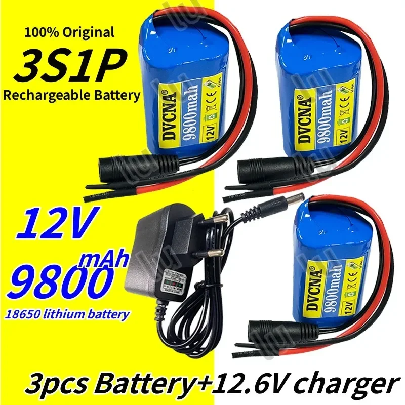 New 12V 18650 Battery Pack 9800mah 3S1P Li-ion Rechargeable Batteries with BMS Lithium Cells Protection Board +12.6V Charger