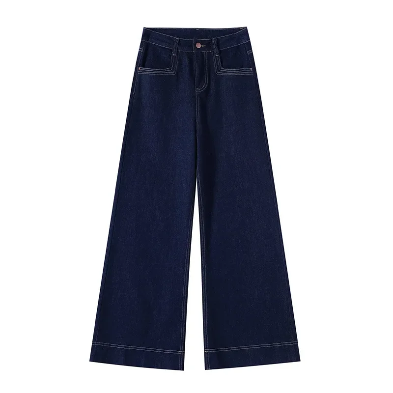 Damskie jeansy Deep Blue Soft z szerokimi nogawkami, wysoki stan, luźny krój, zwiewne, dla figury typu gruszka, długość do podłogi, nowość na jesień.