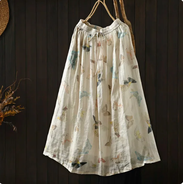 Women Summer Vintage Mori Girl Butterfly Floral Print 100% Ramie Skirts Elastic Waist Casual Loose A-Line Midi Skirts