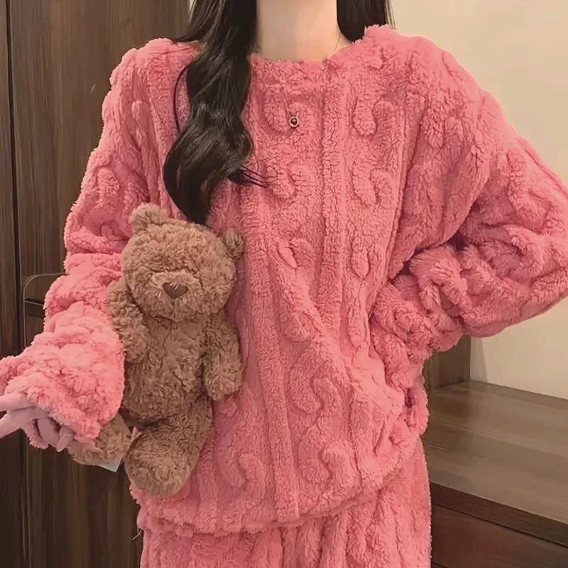 

Women's Winter Coral Velvet Pajamas Set Thickened Fluffy O-neck Two-piece Homewear Loungewear Leisure Pajamas for Cold Weather