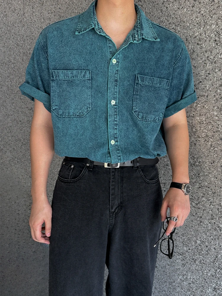 

SYUHGFA Men's Denim Shirt 2024 Summer New Korean Style Loose Short Sleeve Trendy Lapel Clothing Single Breasted Versatile Top