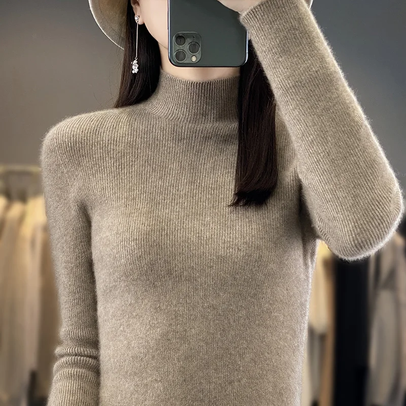 Autumn Winter New Woolen Sweater Women's Half High Neck Long Sleeve Pullover Temperament Solid Color Versatile Knitted Sweater