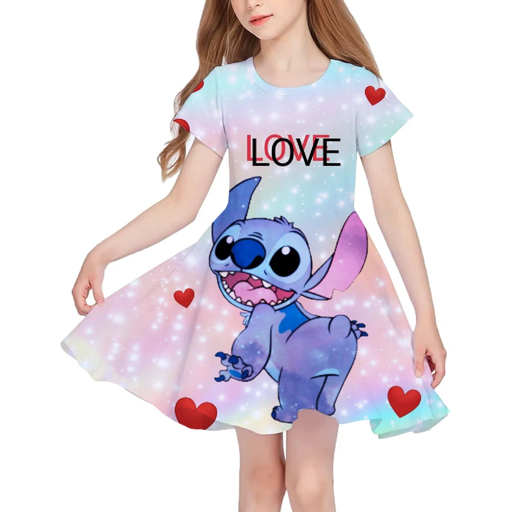 2024 Stitch Dress For Girls Children's Sleep Baby Summer Clothes StrayKids 3d Print Skirt Original Clothing Short-Sleeved Skirt