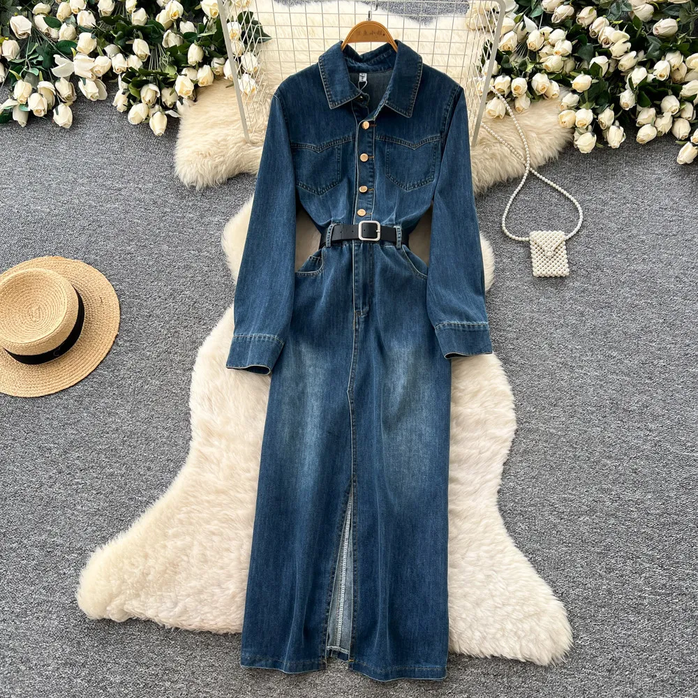 

Long Dress Women Denim Dresses High Waist Vestidos Y2k Streetwear Full Sleeve Turn Down Collar Elegant Party Night Work 2026
