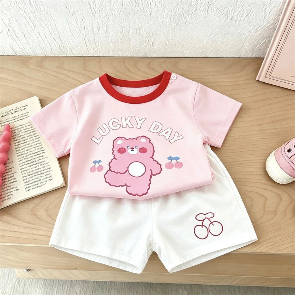 Summer Child Short-sleeved Outfits Pink Tshirt+Shorts Two Piece Set Outer Wear New Design Tees All-match Shorts Fashion Suits