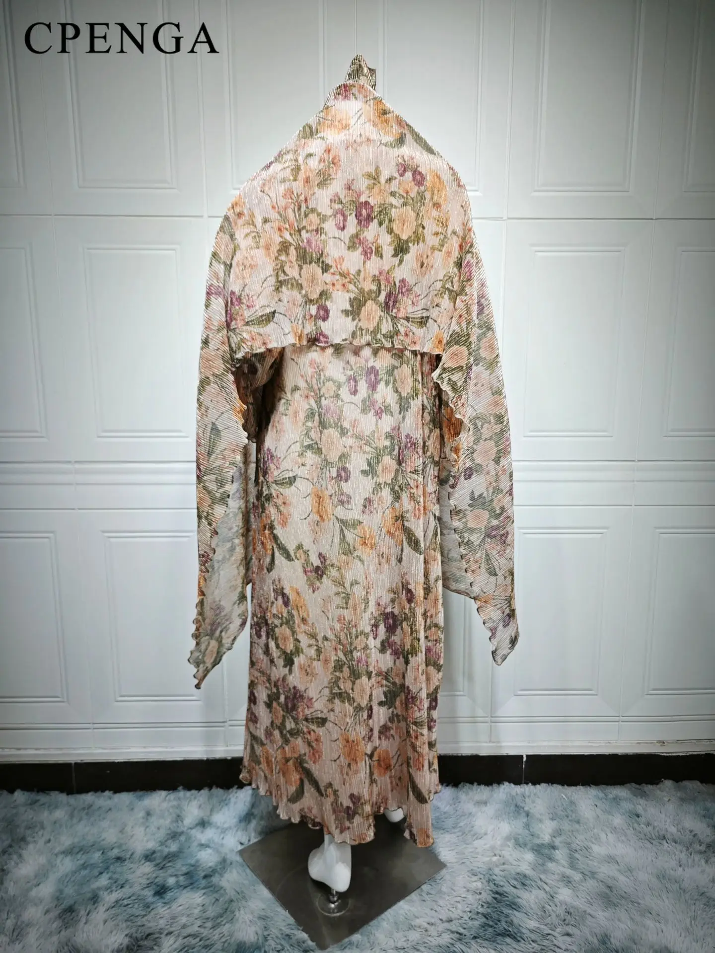 Abito Abaya Dubai stampato a pieghe Ramadan con Hijab Cardigan da donna musulmana in due pezzi Abito da vacanza islamico Caftano turco