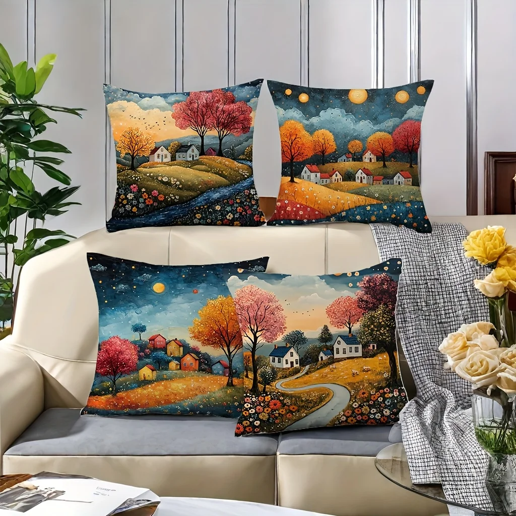 4-Piece Vibrant Scenery Pillow Covers with Zipper – Colorful Houses, Lush Trees & Winding Paths