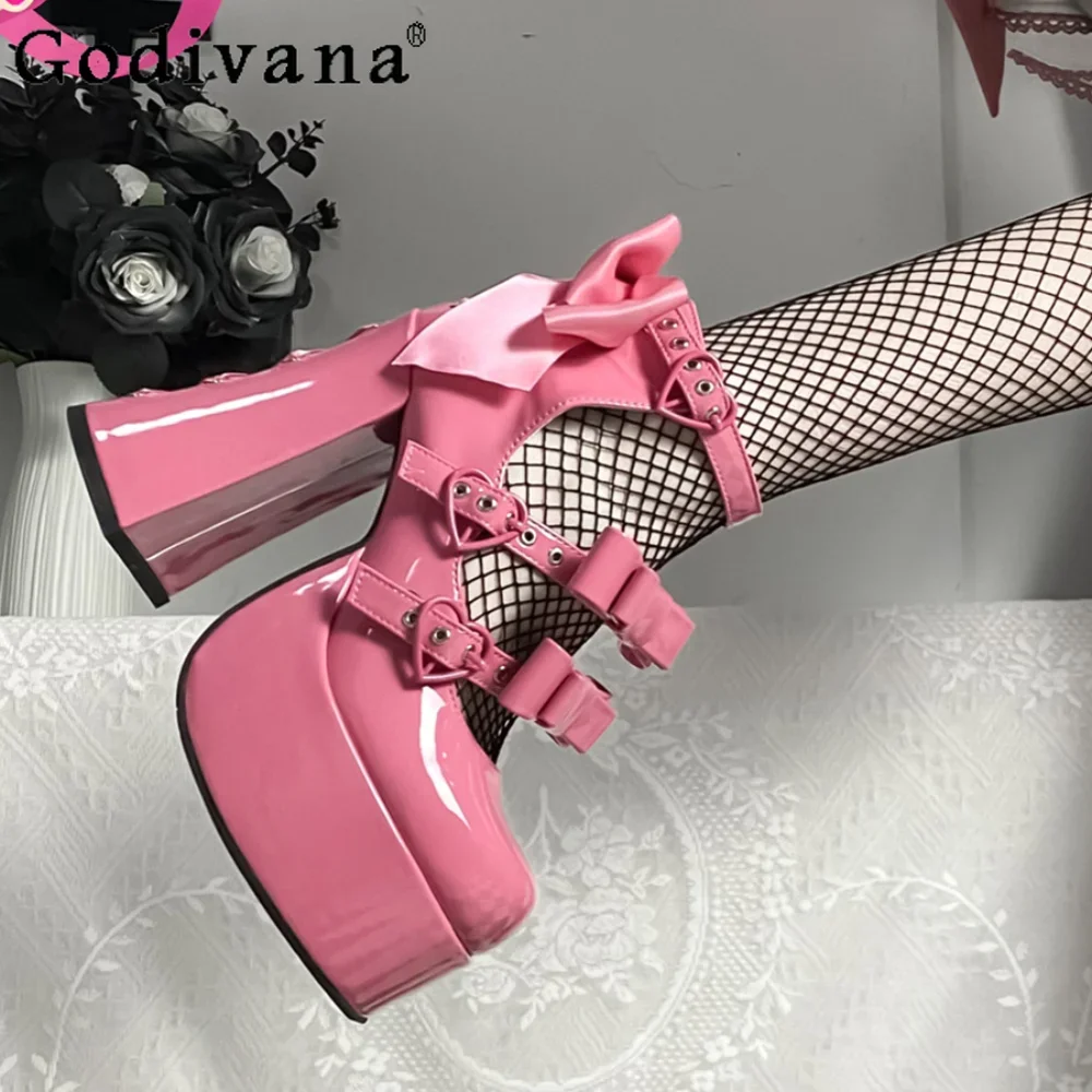 Sweet Cute Princess Lolita Kawaii Platform Shoes Bandage Hot Girl Bow Heel Summer Heels Chunky Heels Pumps