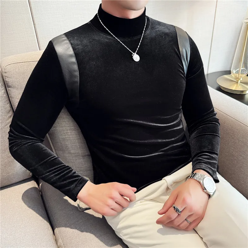 Autumn Winter Half High Neck Elastic Velvet T-shirt Men Slim Fit Long Sleeved Thick Casual Base Shirt Social Streetwear Tops