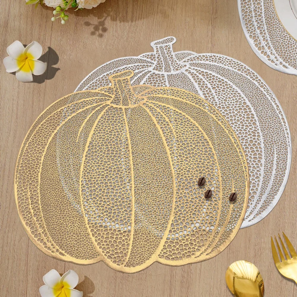 4PCS Metallic Color Halloween Hollow Pumpkin Placemat Waterproof Anti Slip Harvest Festival Pumpkin Dining Mat Washable Wipeable
