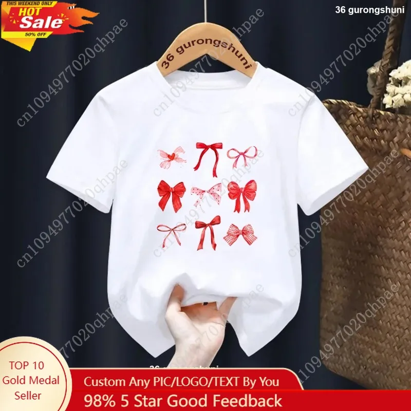 

2025 Summer Cute Pink Bows and Cherries Toddler TShirt Soft Girl Aesthetic Pure Cotton Tee for Tweens Gift for Little Girls