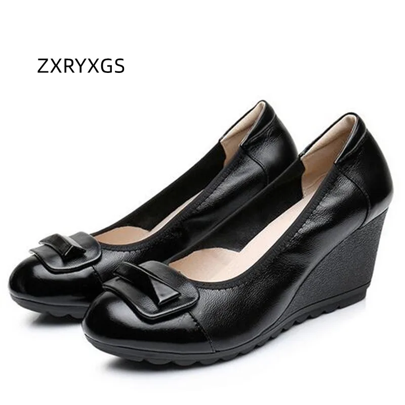 ZXRYXGS 2024 Spring Autumn New Fashion Round Toe Bow Women Genuine Leather Shoes Wedges Non-slip Comfortable Elegant High Heels