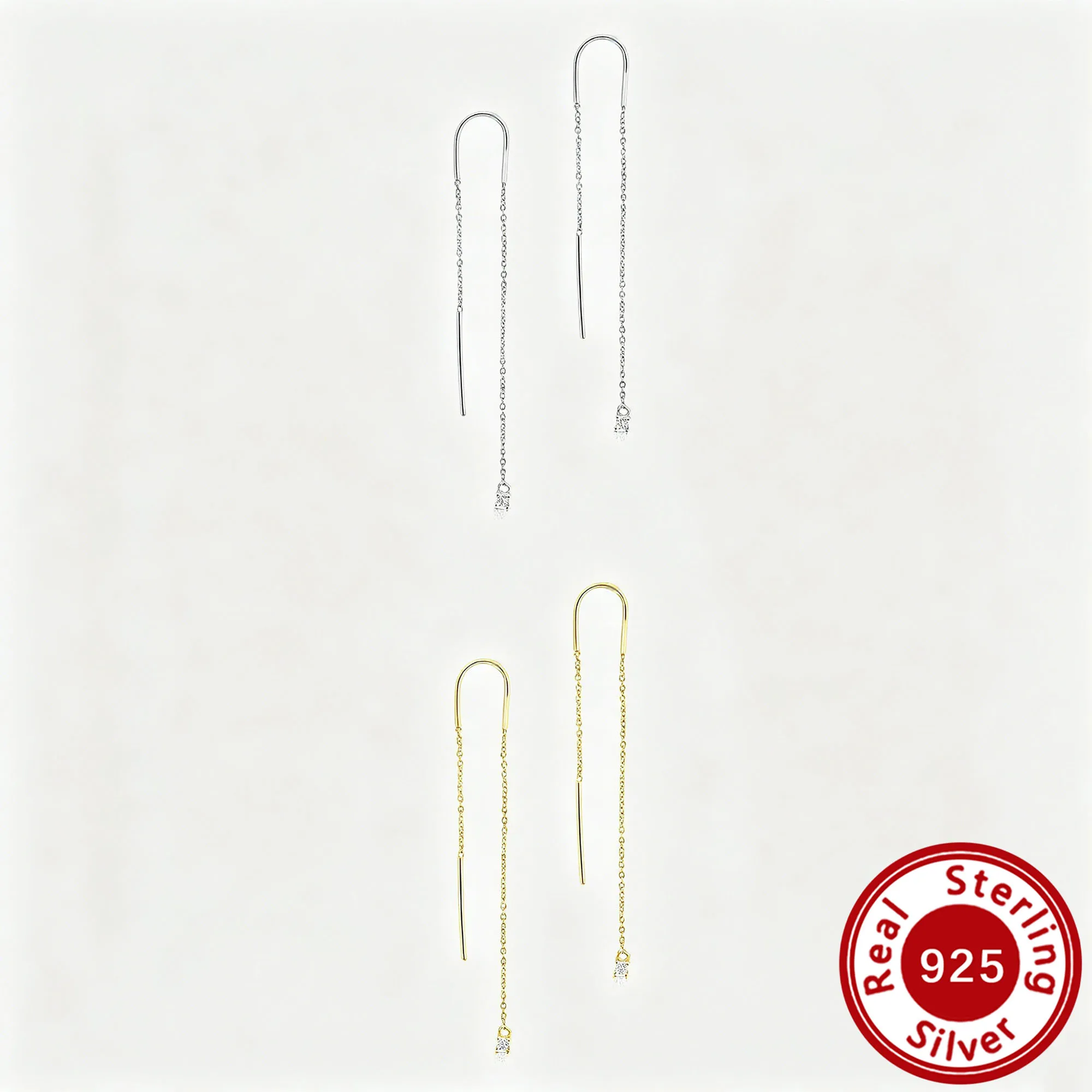 1Pair Four Prong Cz Ear Threader Earrings Solid 925 Sterling Silver Sparkling Trendy Luxury Piercing Jewelry Fine Gifts 9200014