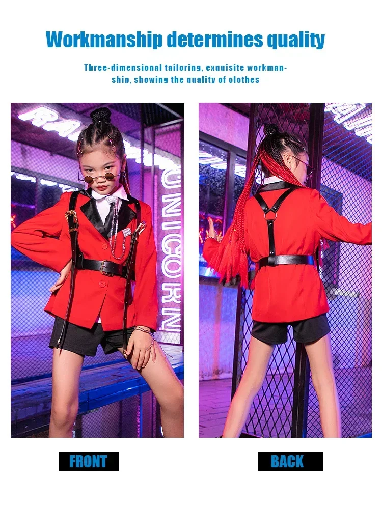 ZZL Fashion K-pop Stage Outfits Red and Black Kids's Suit Jazz Dance Hip-hop Show Clothes Girls Catwalk Runway Performance Wear