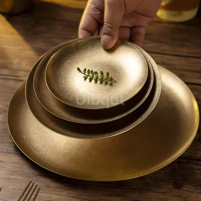 Gold Vintage Industrial Style Metal Dinner Plate Stainless Steel Outdoor Camping Western Food Plates French Restaurant Bone Dish