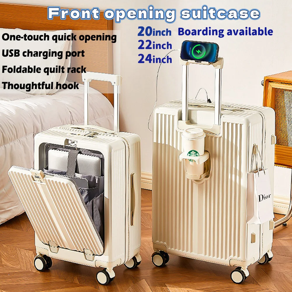 

Front opening suitcase, 20 inches for boarding, universal wheels, large capacity, travel luggage password box