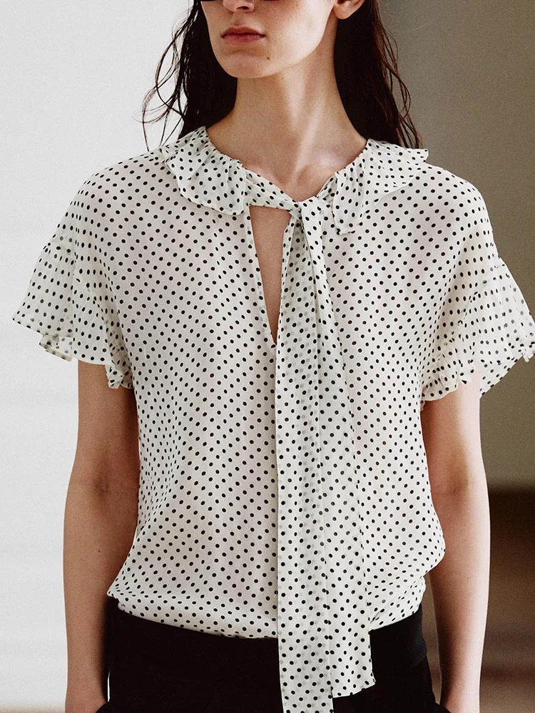 

Sweet Polka Dot Bow Tie Short Sleeve Shirt New Summer 2026 Women's Fashion Loose Fit V-neck Chinese Style Top