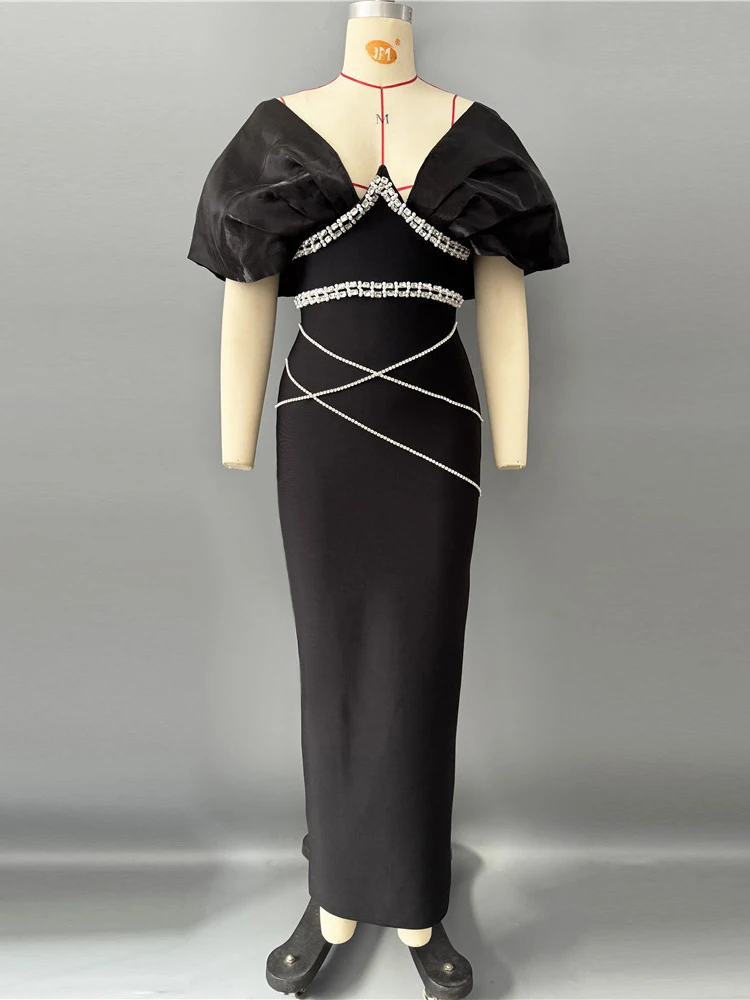 VC Retro Cocktail Party Charm Abito da sera aderente con maniche a sbuffo in raso nero con accenti di cristalli Abito lungo da gala