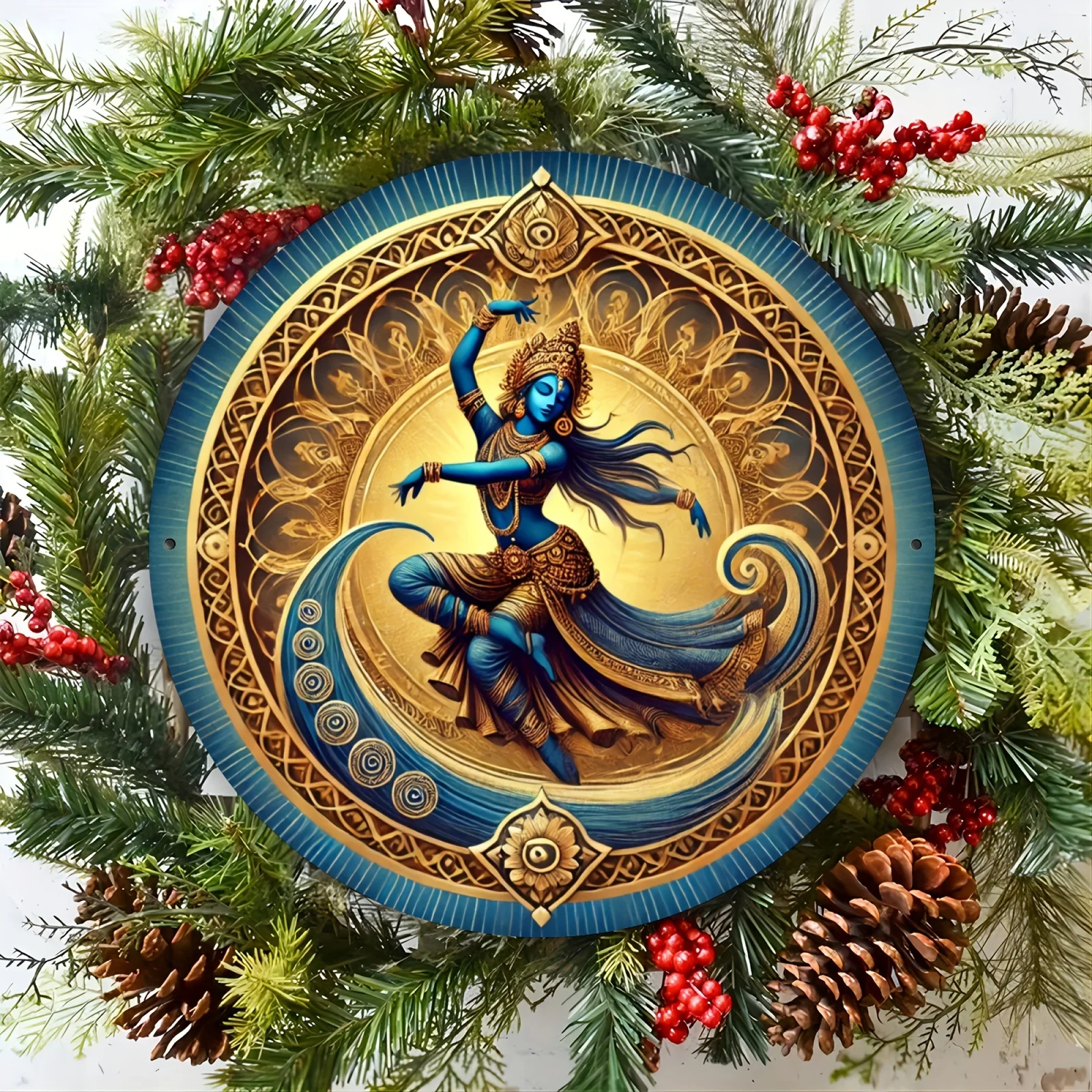 CIFBUY 2D Flat Print Hindu Goddess Kali Round Metal Wall Art Waterproof Durable Aluminum Wall Art Home Office Living Room Bar Ca