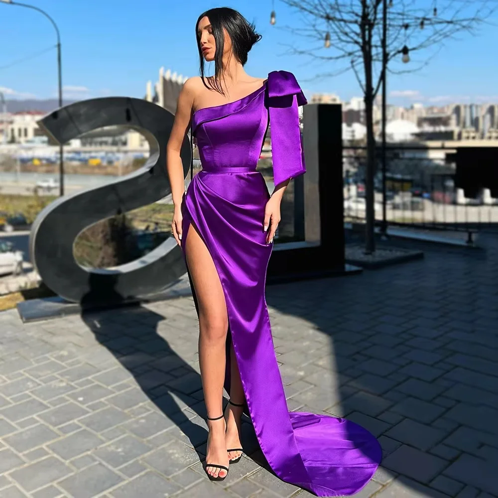 

Индивидуальное платье русалки на одно плечо для выпускного вечера с бантом и боковым разрезом вечернее платье фиолетовое атласное вечернее платье длинное
