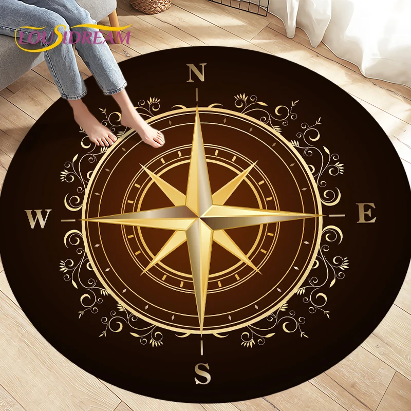 Compass Round Area Rug,Retro British Navy New World Discovery Rug,Carpets for Living Room Bedroom,Kids Play Non-slip Floor Mats