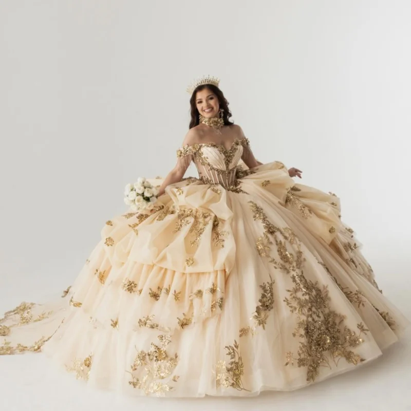 

Light Champagne Quinceanera Dress off-shoulder Golden Glitter Flower Layering Decal Long tail vestidos de 15 Quinceanera ﻿Custom