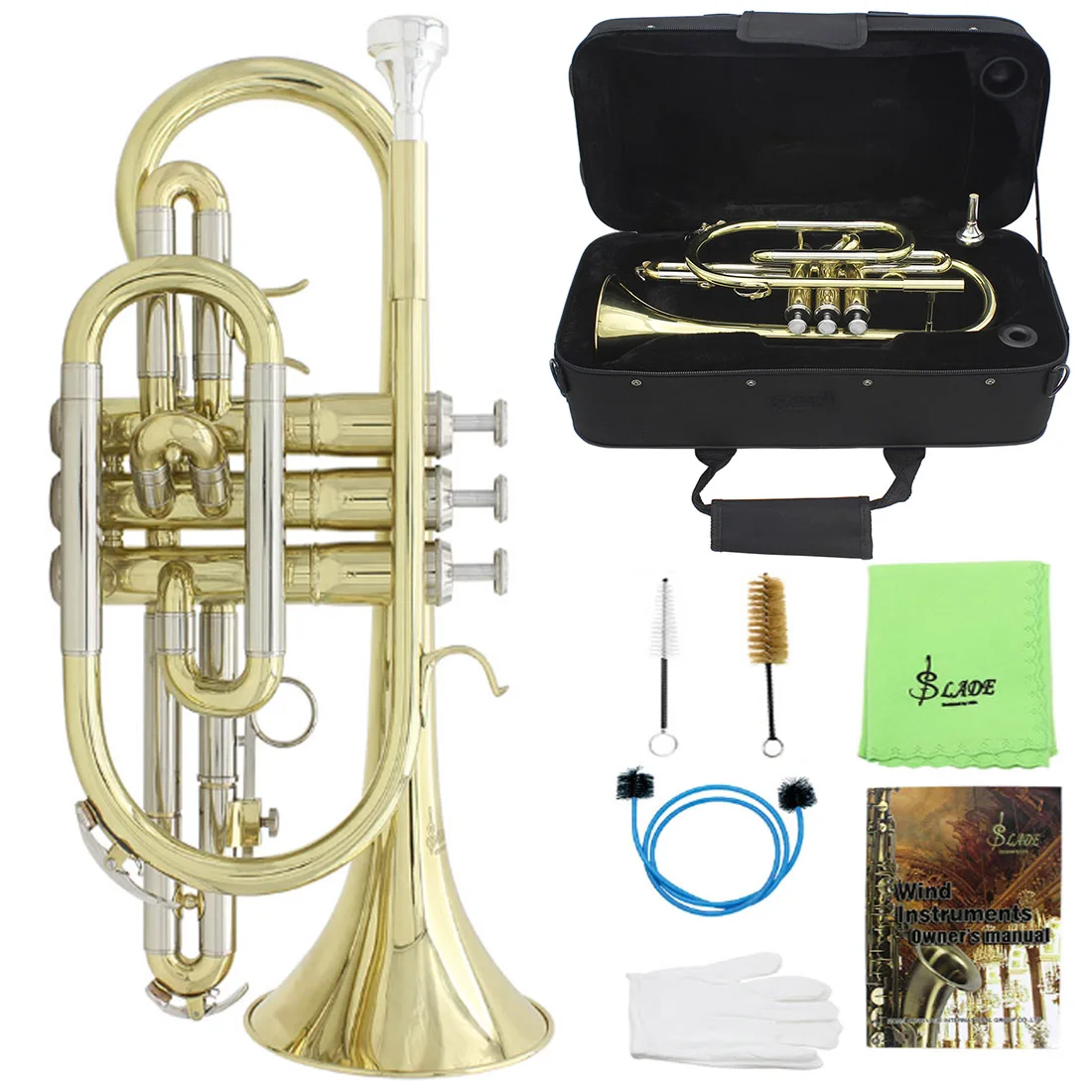 SLADE Pocket Trumpet Brass Bb Gold Lacquer Mini Trumpet with  Mouthpiece Case Strap Gloves Cleaning Kit  for Students Beginners