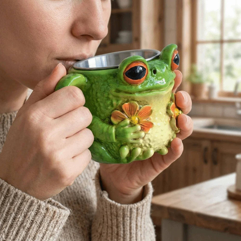 Durable Resin Frog Floral Pattern Mug Creative Anti Slip Cute Animal Cup Anti Scalding Kawaii Cartoon Water Cup Juice view 3