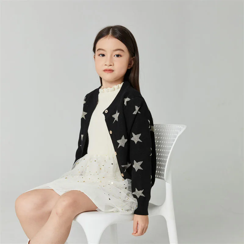 

Baby Girls Knit Cardigan Sweater Stars Jacquard Crew Neck Long Sleeve Infant Knitwear Spring Autumn Kids Wearing