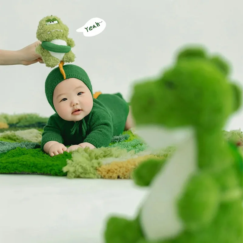 1 Year Old Baby Boy Photography Outfits Knitted Green Dinosaur Hat+Jumpsuits Cool Dinosaur Theme Set Studio Shooting Accessories