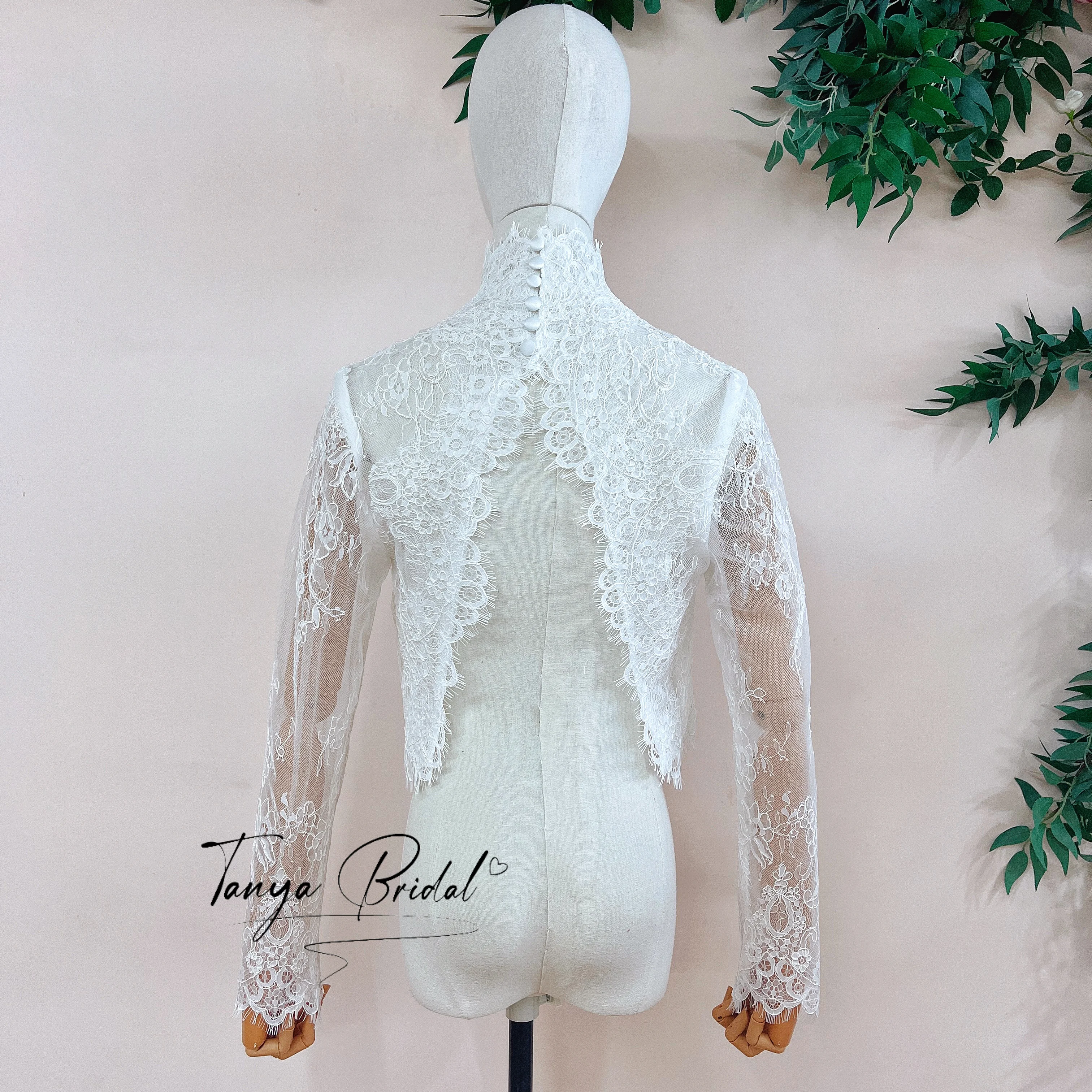 Elegant High Neck Floral Lace Wedding Bolero Jacket, Long Sleeve Sheer Bridal Lace Shrug Topper with Back Button