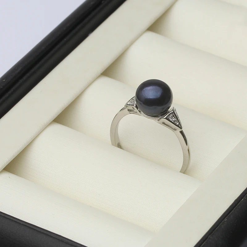 Anelli di perle d'acqua dolce per le donne, zircone cubico anello di perle aperte in argento 925 regolabile mamma moglie regalo di compleanno nero